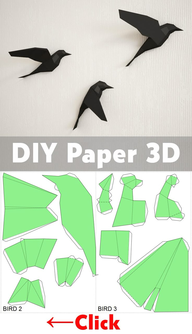 3D Papercraft Birds On Wall, Diy Paper Model Sculpture, Origami with Free Printable 3D Bird Template