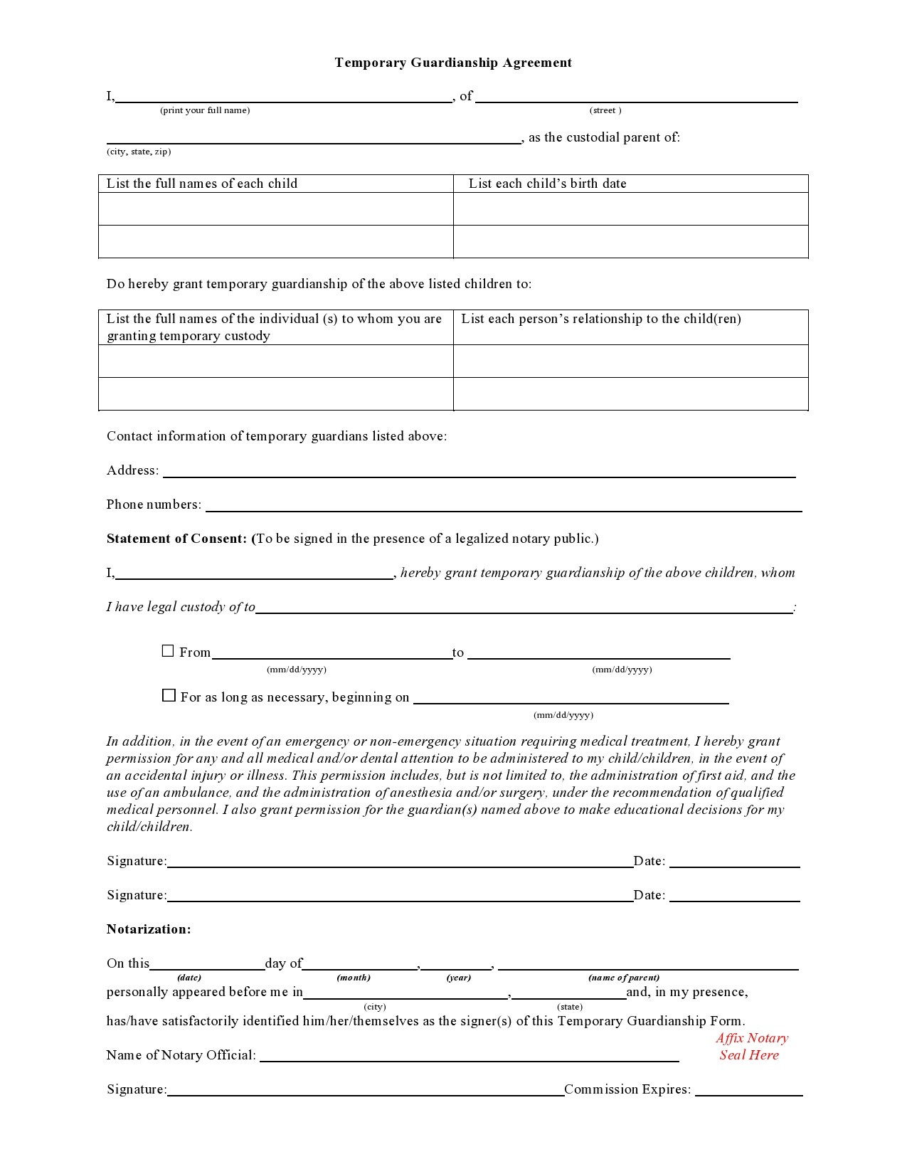 40 Printable Temporary Guardianship Forms [All States] inside Free Temporary Guardianship Template