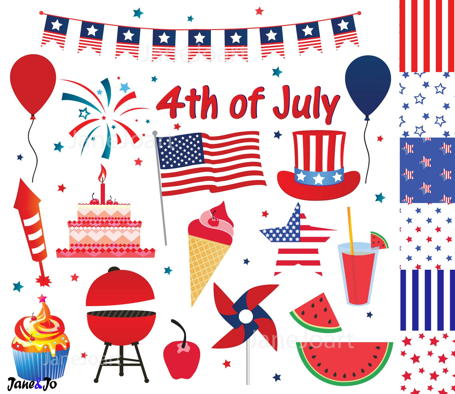 4Th Of July Clipart , Fourth Of July Clip Art , Independence Day + Free 6 Digital Papers Fireworks,Usa Flag, Blue White Red Instant Download inside Free Printable 4Th Of July Clipart