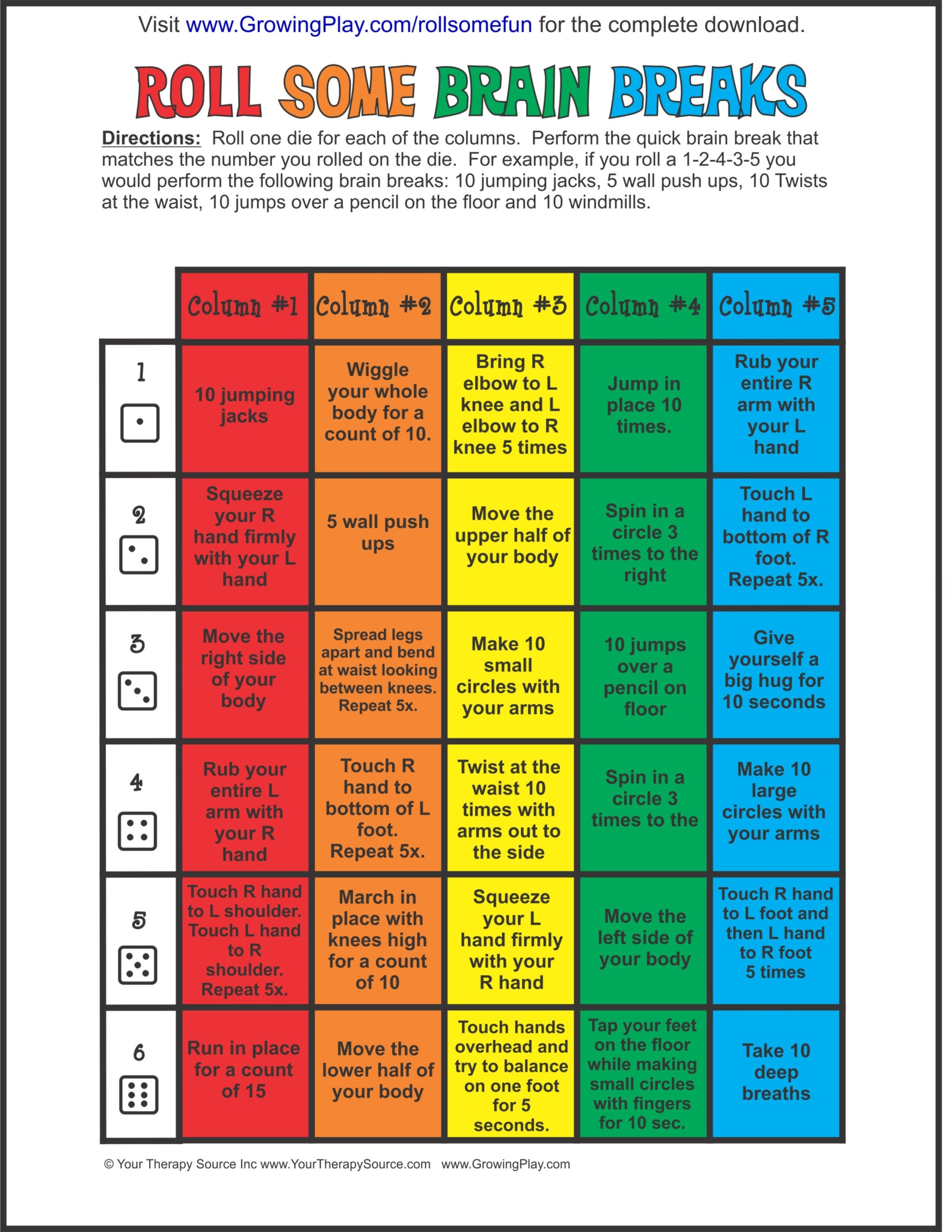 5 Free Brain Break Printables - Your Therapy Source in Free Brain Break Printables