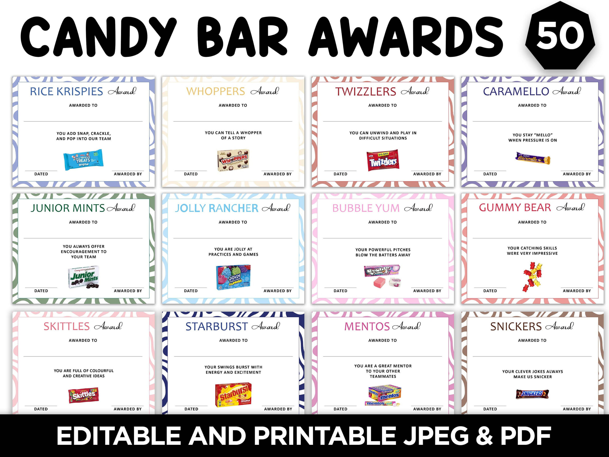 50 Candy Bar Award Certificates - Candy Bar Award Certificates for Free Candy Bar Awards Printables