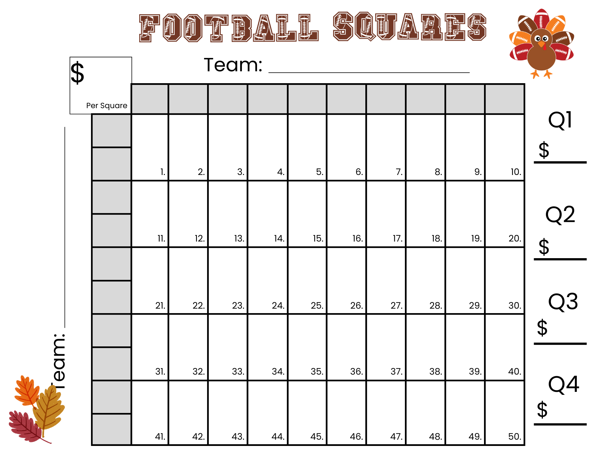 50 Thanksgiving Football Squares Game Printable (Instant Download) inside 50 Square Grid Free Printable