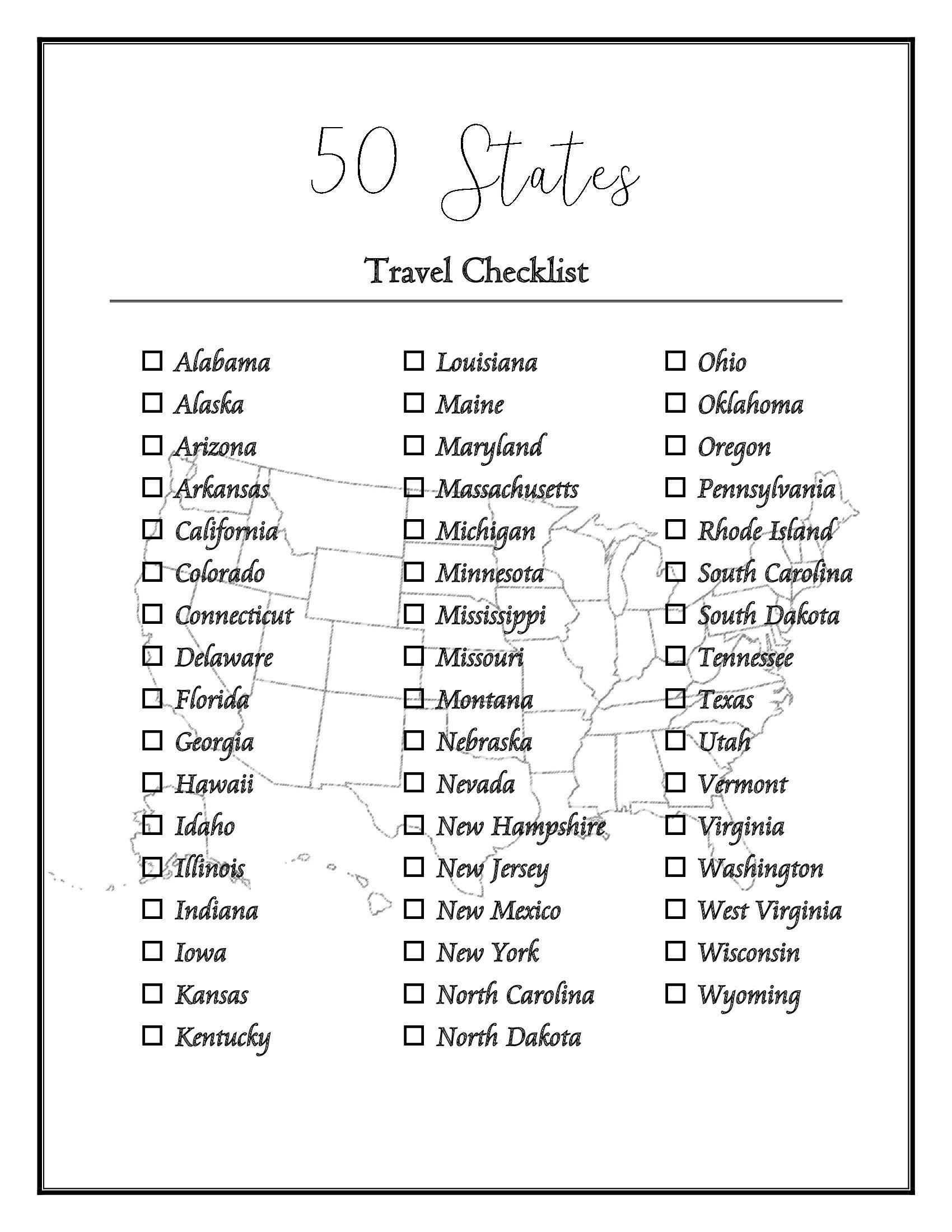 50 Us States Checklist - Etsy regarding Free Printable List of 50 States