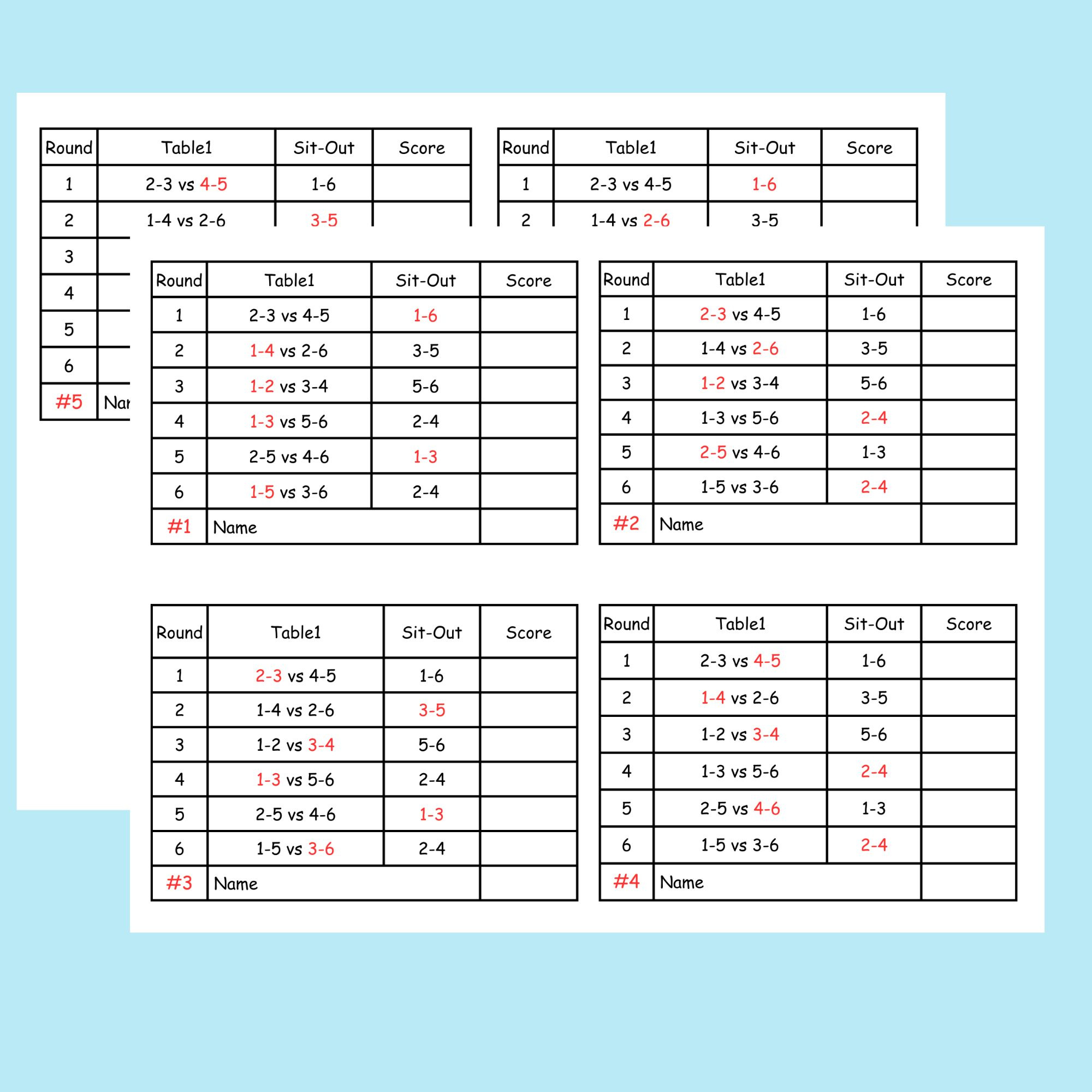 6 Person Euchre Tournament Rotation Score Sheet within Free Euchre Printables