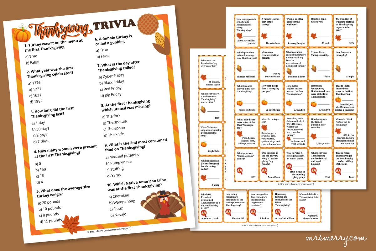 60 Thanksgiving Trivia Questions And Answers Printable | Mrs. Merry regarding Free Printable Trivia Cards