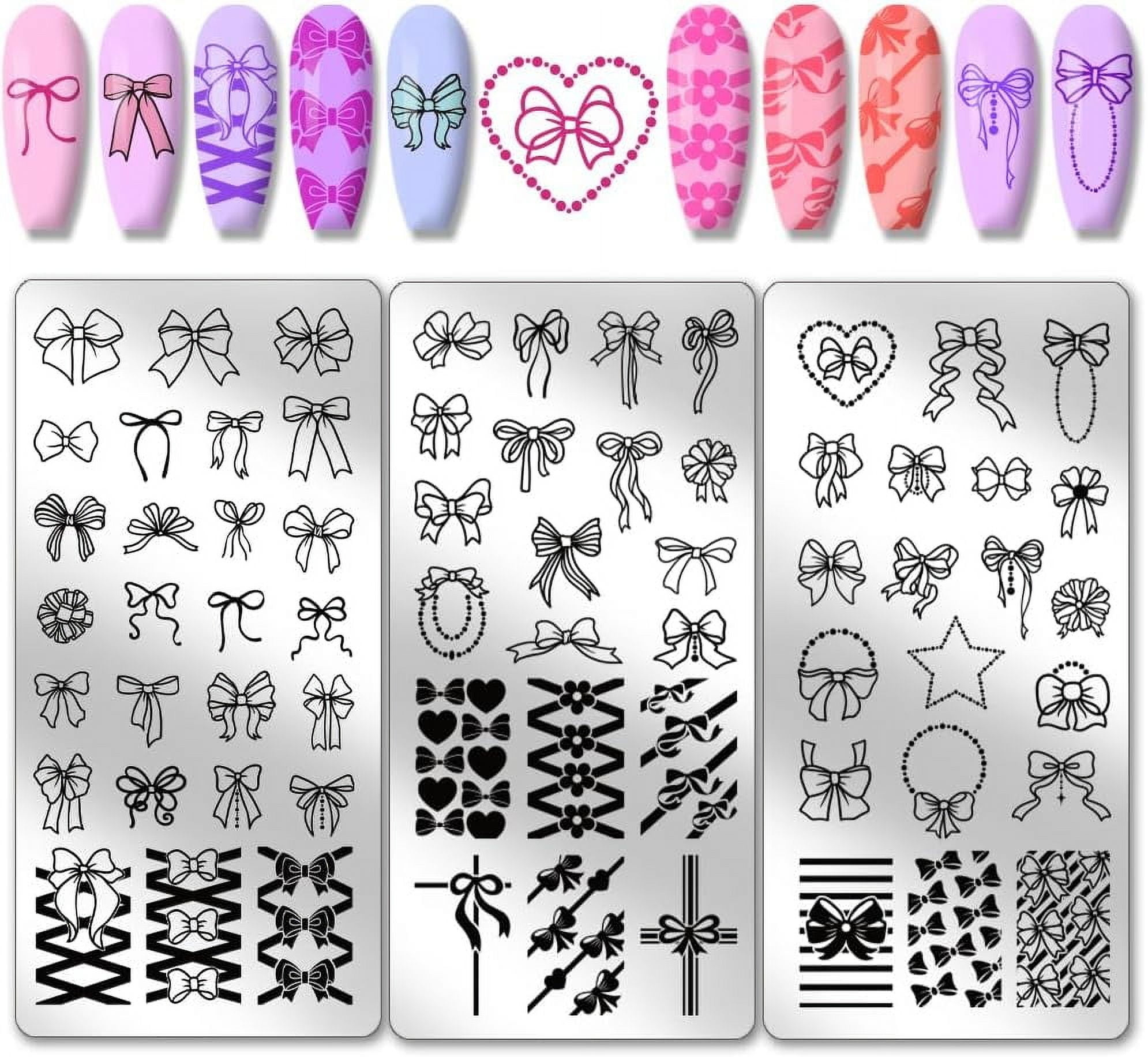 66 Patterns Bow Nail Stamper 3Pcs Nail Stamping Plate Cute Bowknot Nail Art Stencils Print Nail Stencils Stainless Steel Nail Plates For Nail Design for Printable Nail Art Stencils
