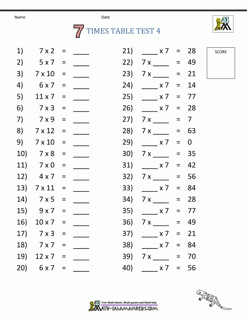 7 Times Table Worksheet Page with regard to Year 7 Worksheets Free Printable