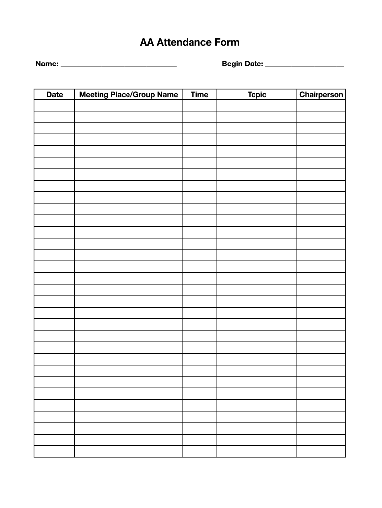 Aa Attendance Form - Fill Online, Printable, Fillable, Blank within Free Printable Aa Meeting Sign In Sheet