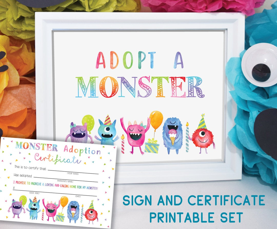 Adopt A Monster Certificate And Sign Printable, Monster Adoption, Adopt-A-Monster Certificate, Monster Favor Sign, Instant Digital Download - Etsy.de pertaining to Adopt A Monster Free Printable