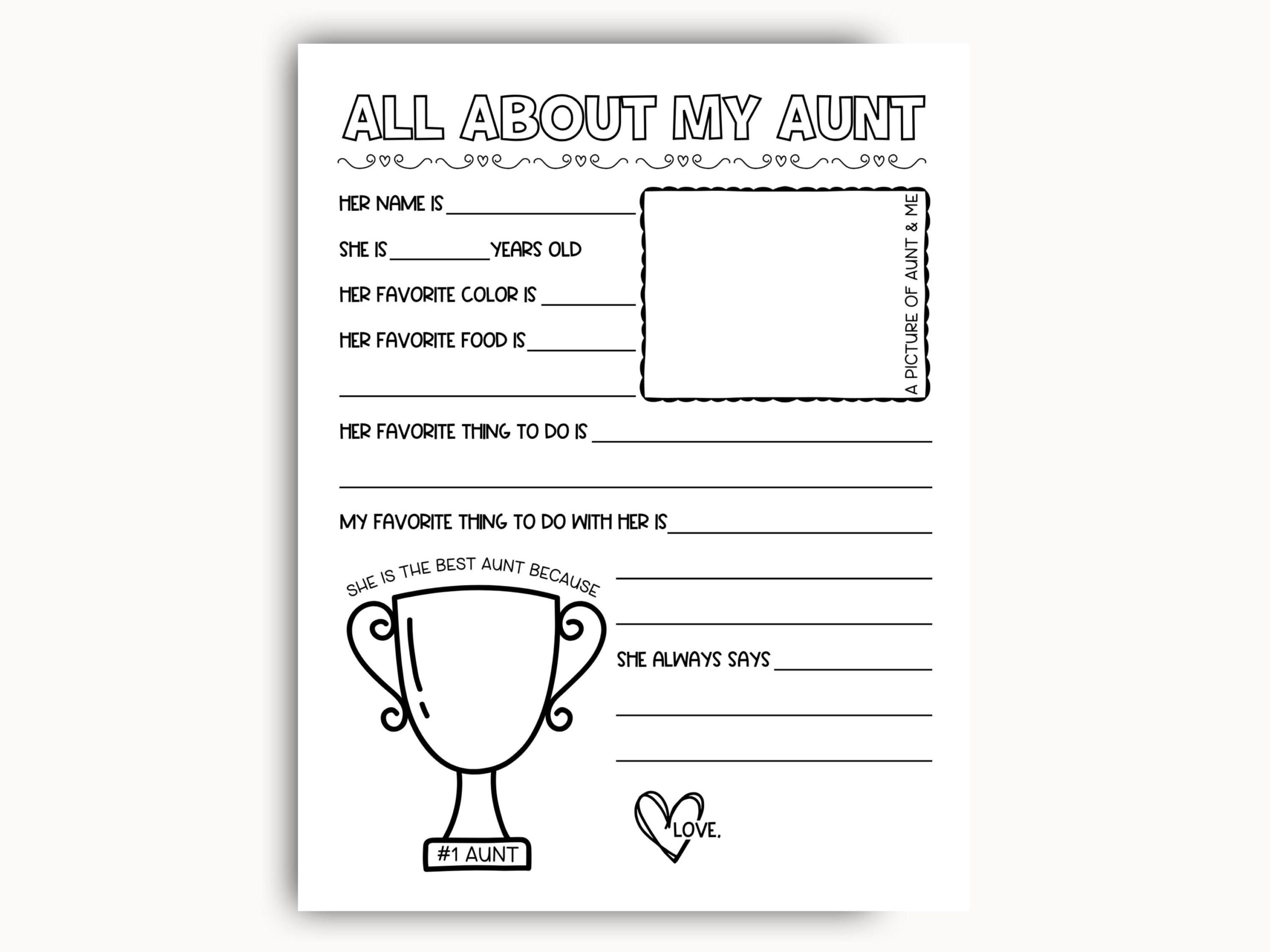 All About My Aunt Printable, Mothers Day Questionnaire, Aunt inside All About My Aunt Free Printable