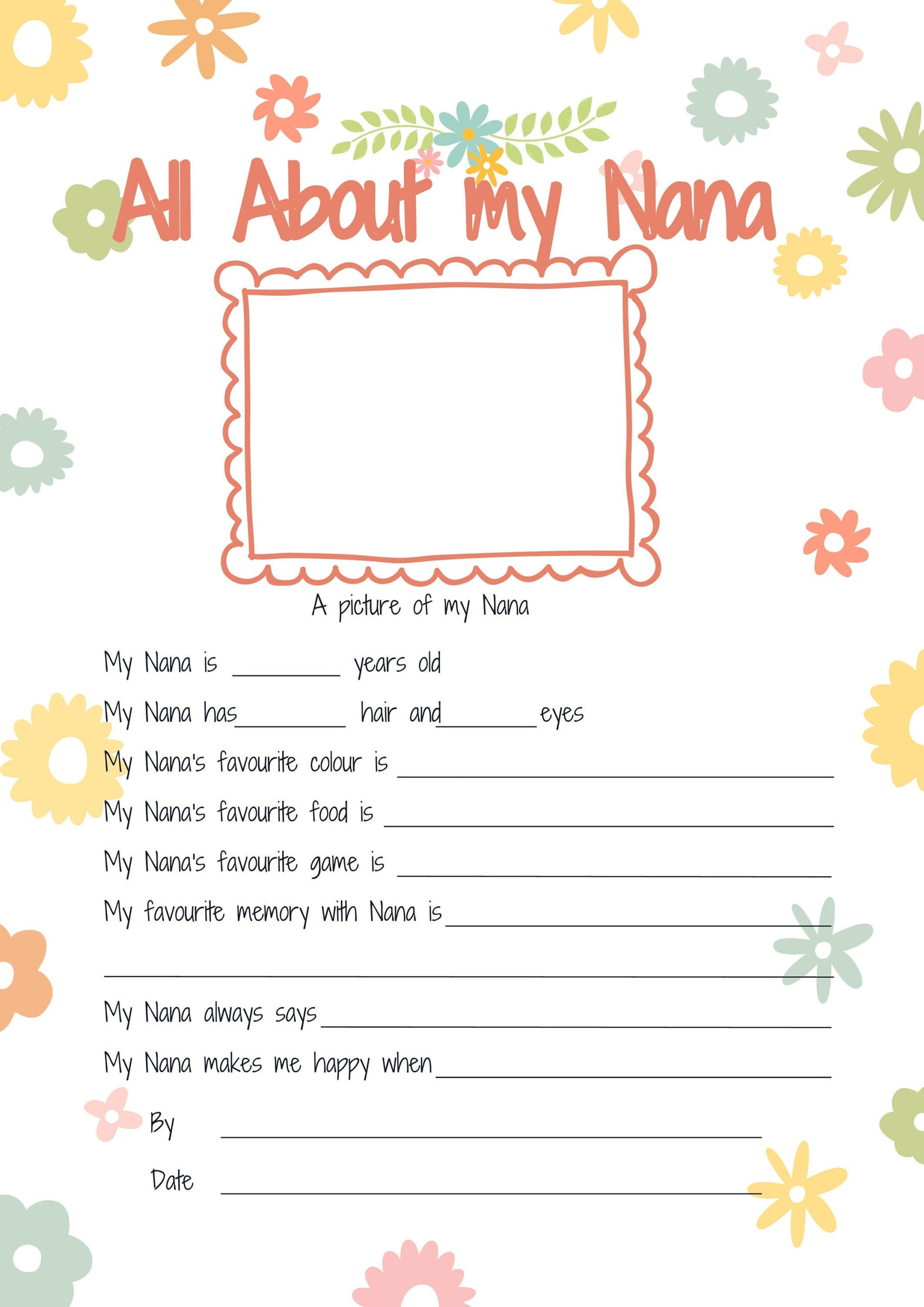 All About My Nana Printable Mothers Day Gift. Reasons I Love My throughout All About My Nana Free Printable
