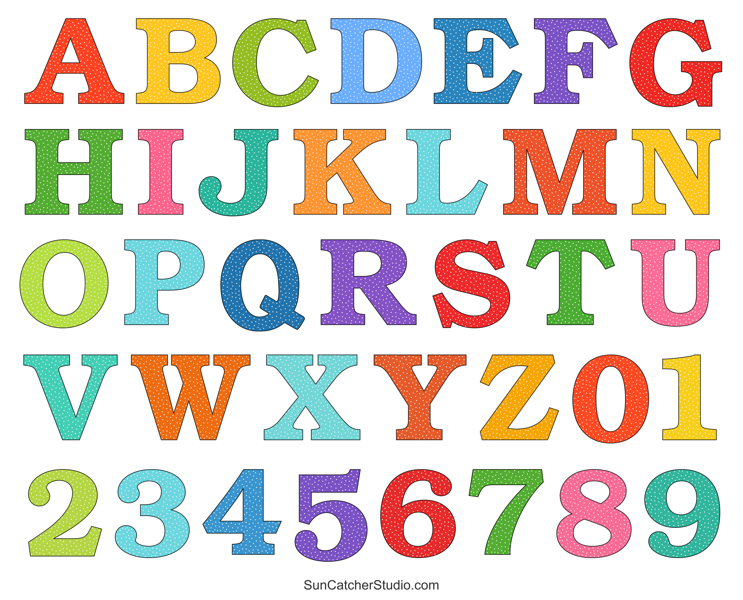 Alphabet Letters And Numbers With A Colorful Polka Dot Design with Large Alphabet Letters Printables Free