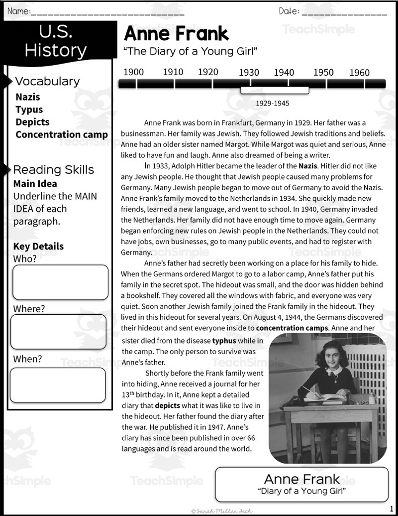 Anne Frank Reading Packet intended for Anne Frank Free Printable Worksheets