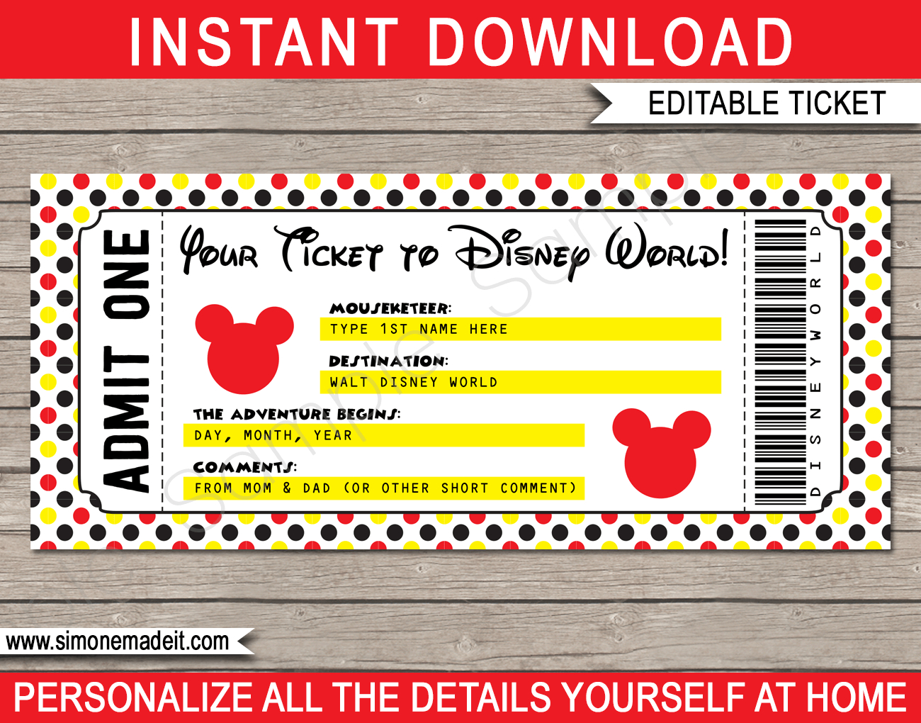 Any Occasion Disney World Ticket - Polka Dot regarding Disney Ticket Free Printable