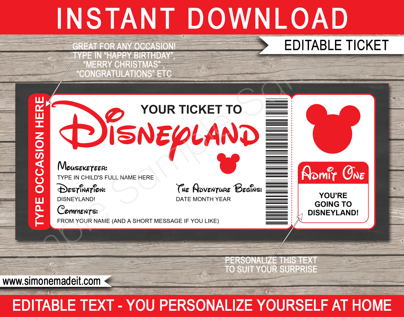 Any Occasion Surprise Trip To Disneyland - Colors intended for Free Disneyland Ticket Template