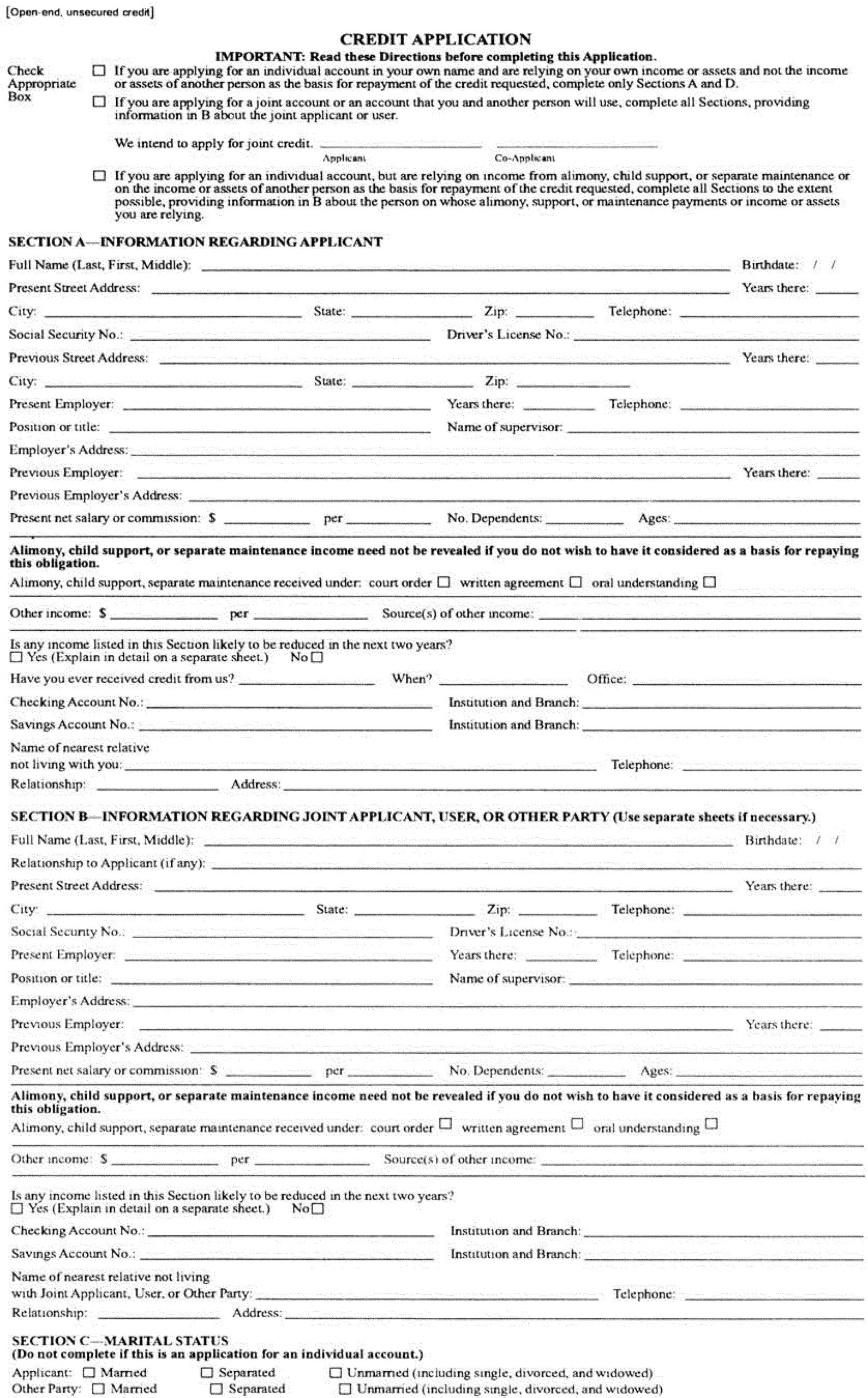Appendix B To Part 1002 — Model Application Forms | Consumer throughout Free Standard Credit Application Template