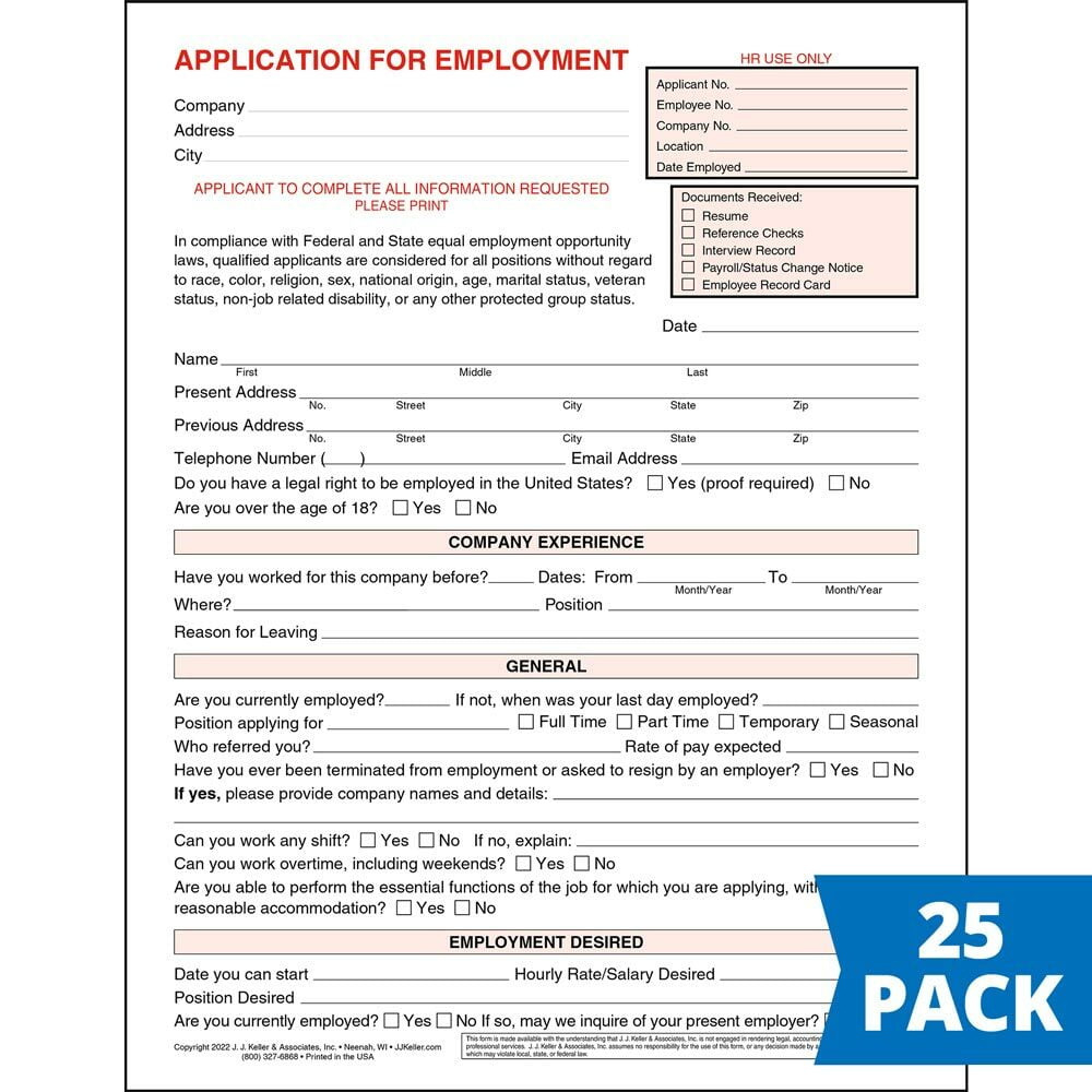 Application For Employment Form, 8.5 X 11 , 25 Pack with regard to Free Printable Job Application For Walmart