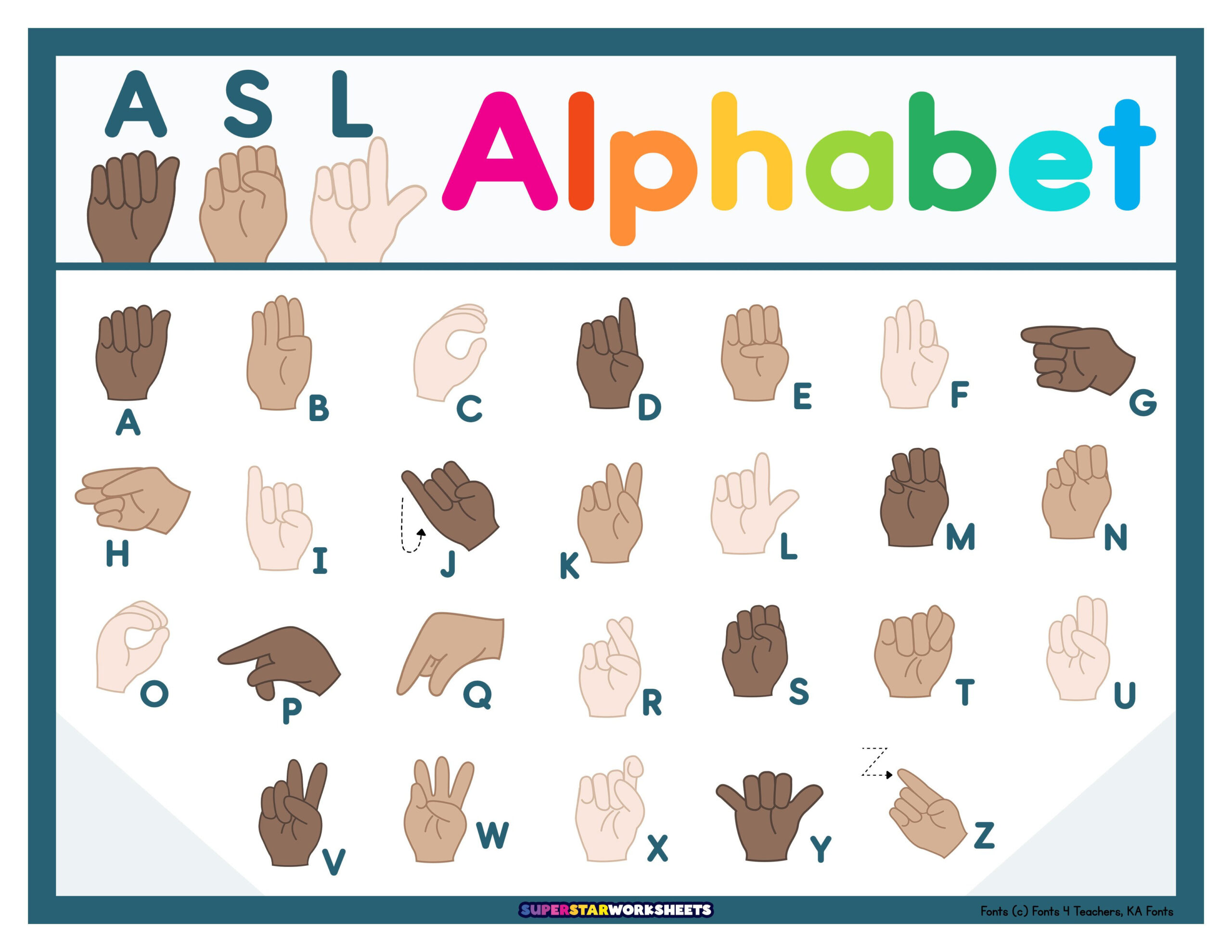 Asl Alphabet Chart - Superstar Worksheets for Free Printable Sign Language Alphabet