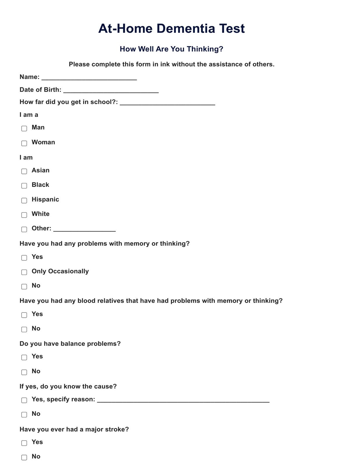 At-Home Dementia Test with regard to Free Printable Cognitive Tests