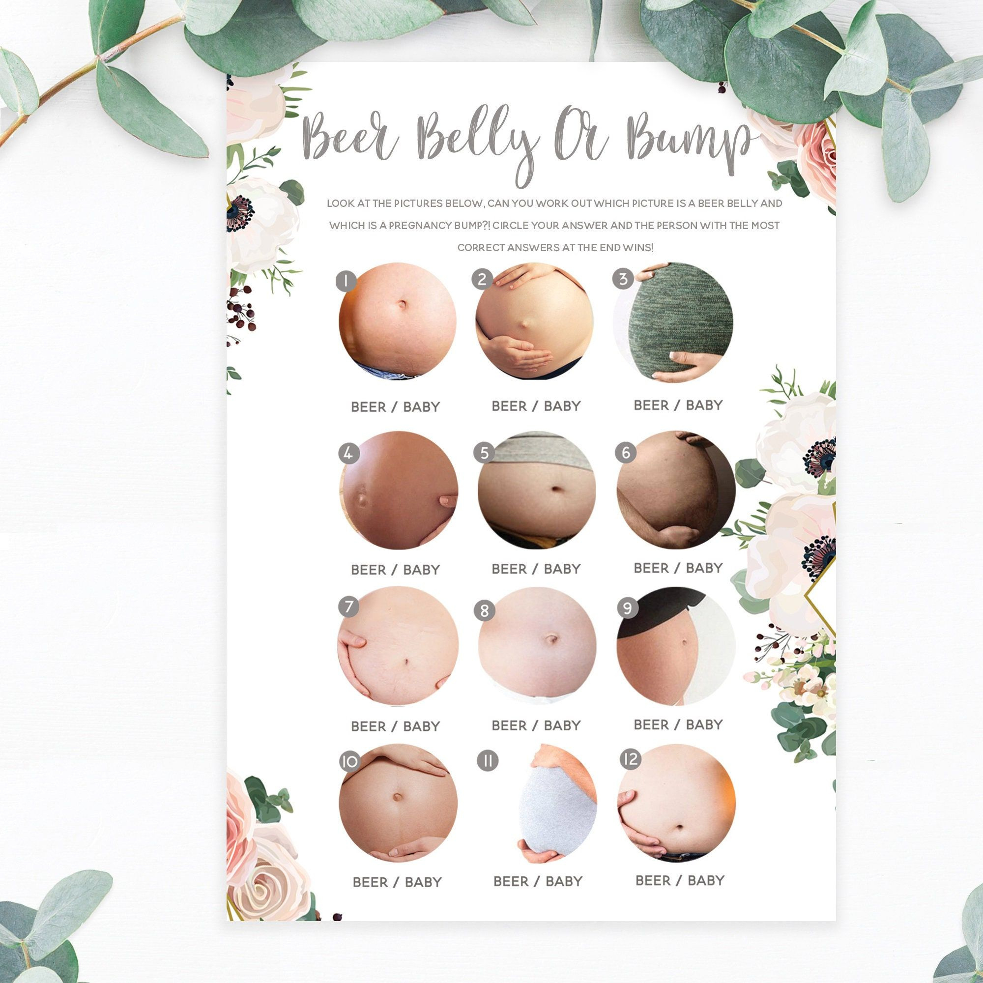Baby Shower Beer Belly Or Bump Game Boho Floral Afternoon Tea regarding Beer Belly Or Pregnant Belly Free Printable With Answers
