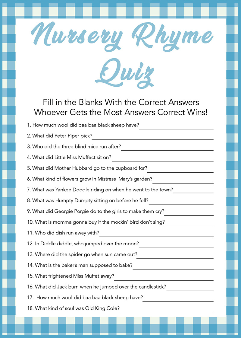 Baby Shower Games - Free Printables - Nursery Rhymes - pertaining to Finish The Nursery Rhyme Free Printable