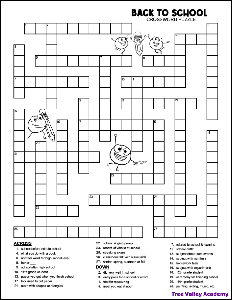 Back To School Crossword Middle School - Tree Valley Academy in Free Downloadable Printable Crossword Puzzles