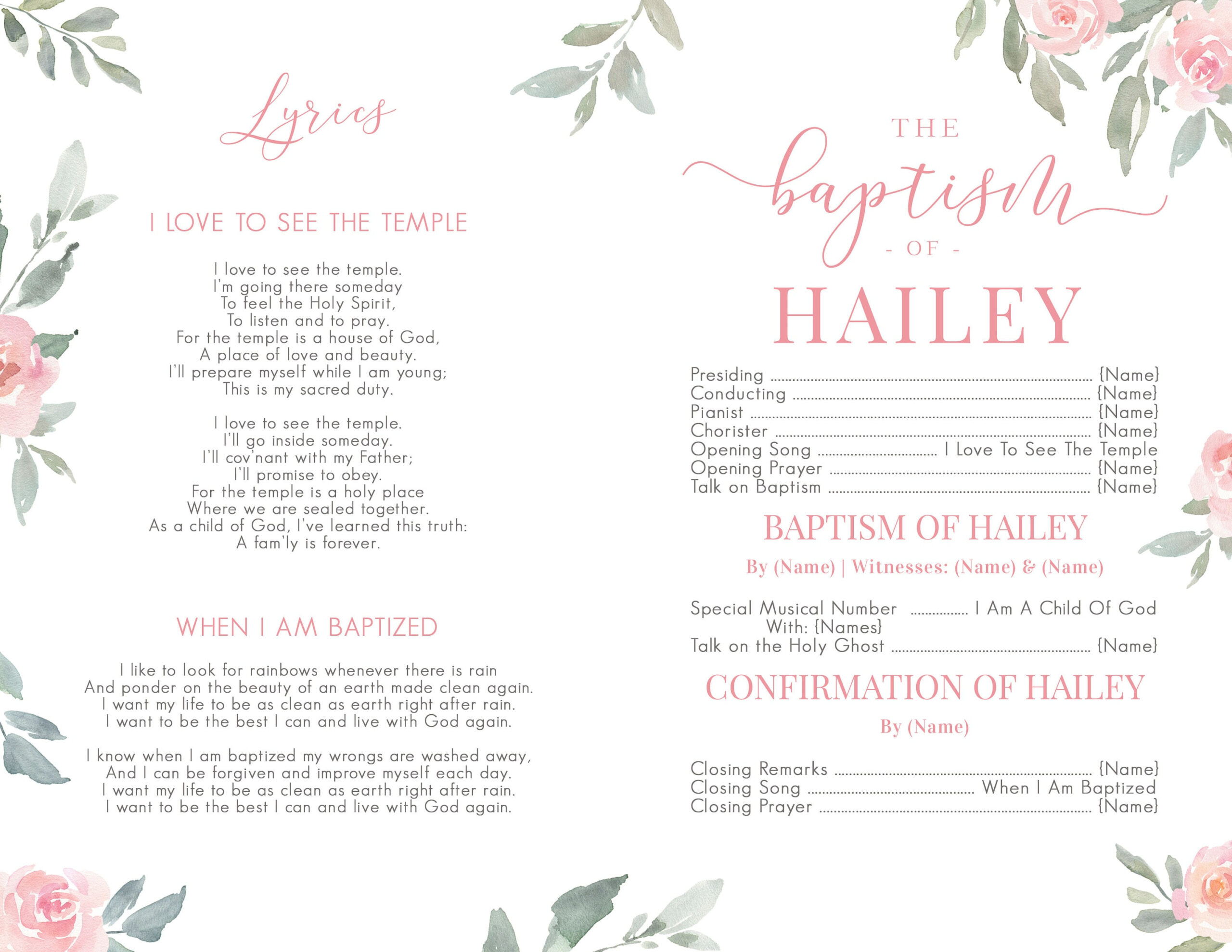 Baptism Program Girl - Lds Baptism Program - Editable Baptism with regard to Lds Baptism Templates Free Download
