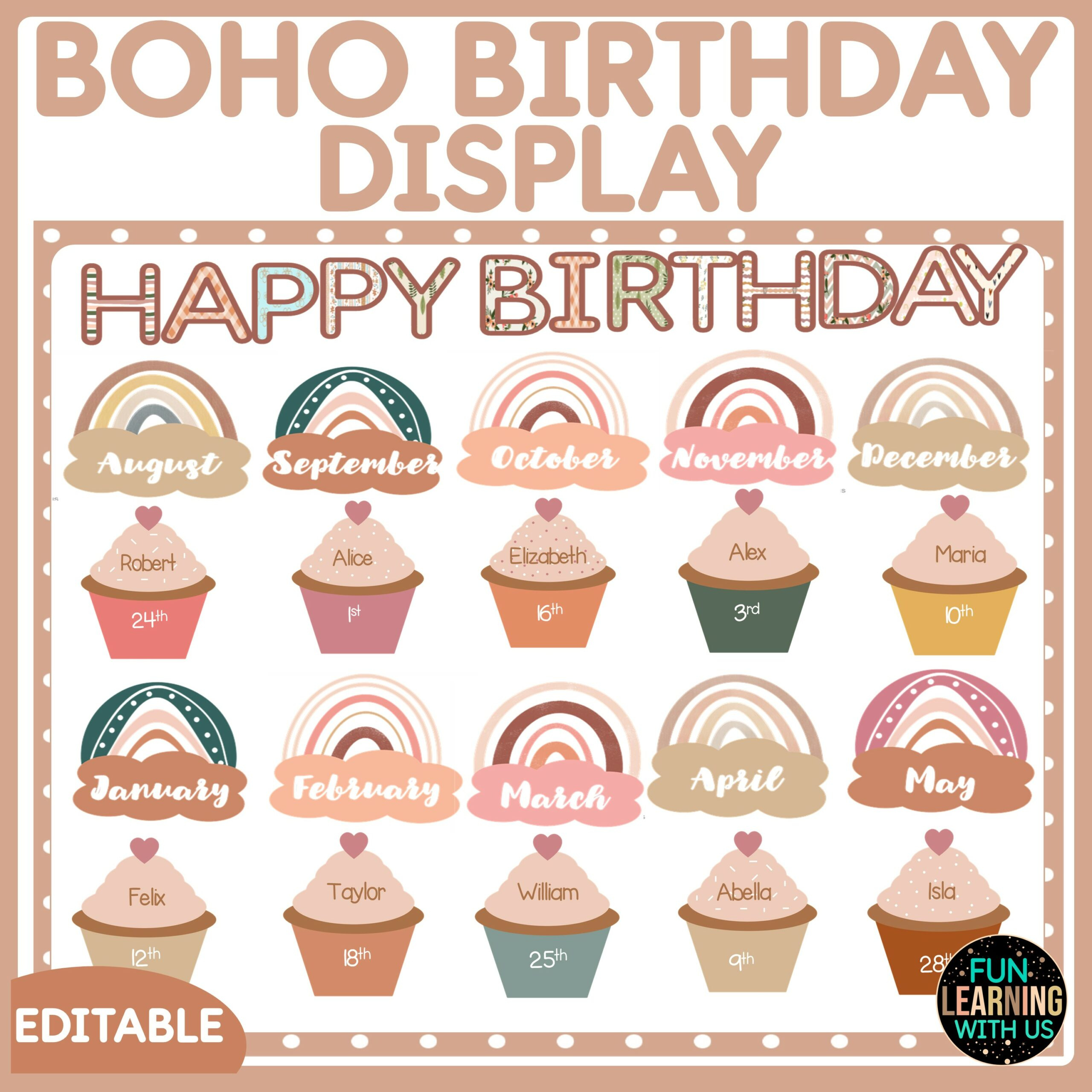 Boho Editable Rainbow Birthday Bulletin Board Display | Made pertaining to Free Birthday Bulletin Board Printables