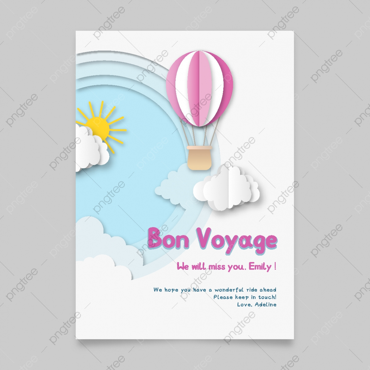 Bon Voyage Pink Hot Air Balloon And Sun Paper Cut Style Farewell with Free Bon Voyage Templates