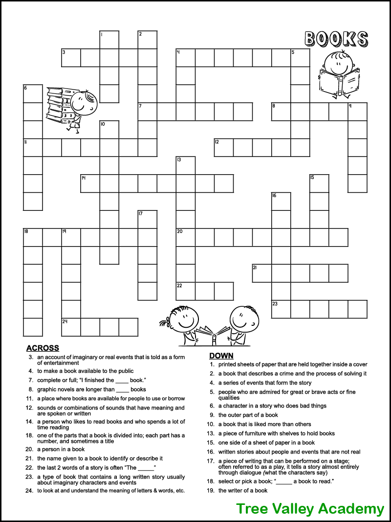 Book Themed Crossword Puzzle For Kids - Tree Valley Academy throughout Free Printable Themed Crosswords