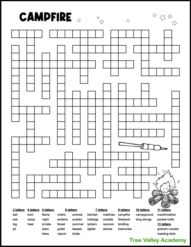 Campfire Camping Word Fill In Puzzle - Tree Valley Academy with regard to Free Printable Word Fill in Puzzles For Adults
