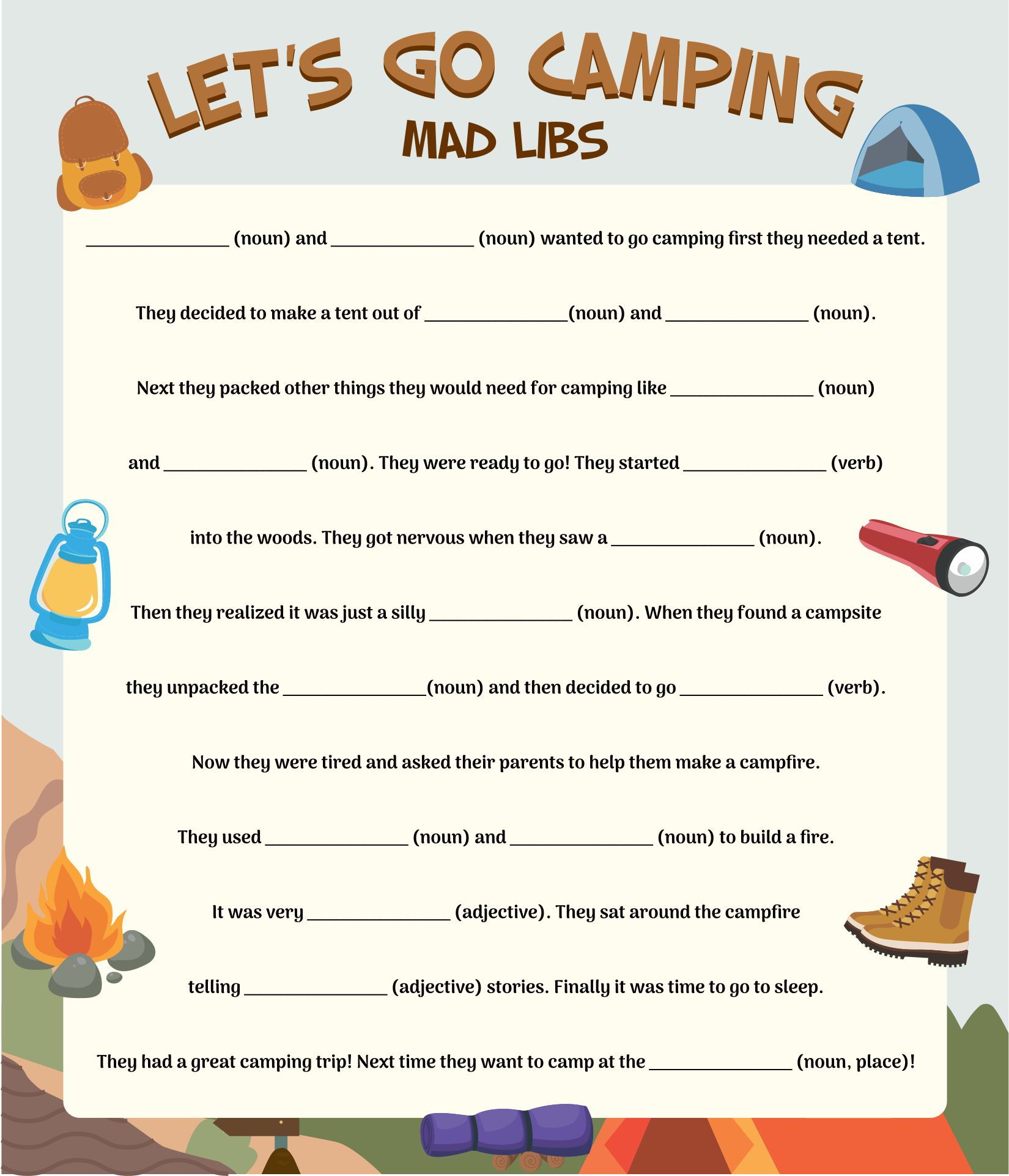 Camping Mad Libs - 20 Free Pdf Printables | Printablee throughout Camping Mad Libs Free Printable