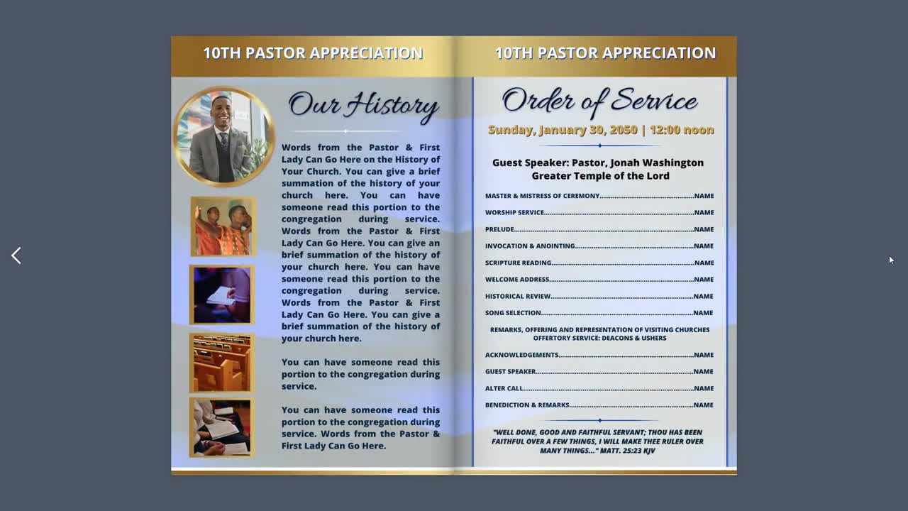 Canva Pastor Appreciation Program | Editable Template | Evening Blue &amp;amp; Gold | Size: 11X8.5 | Bifold | Church Anniversary | 4 Page | Z200 Bl pertaining to Pastor Appreciation Program Template Free