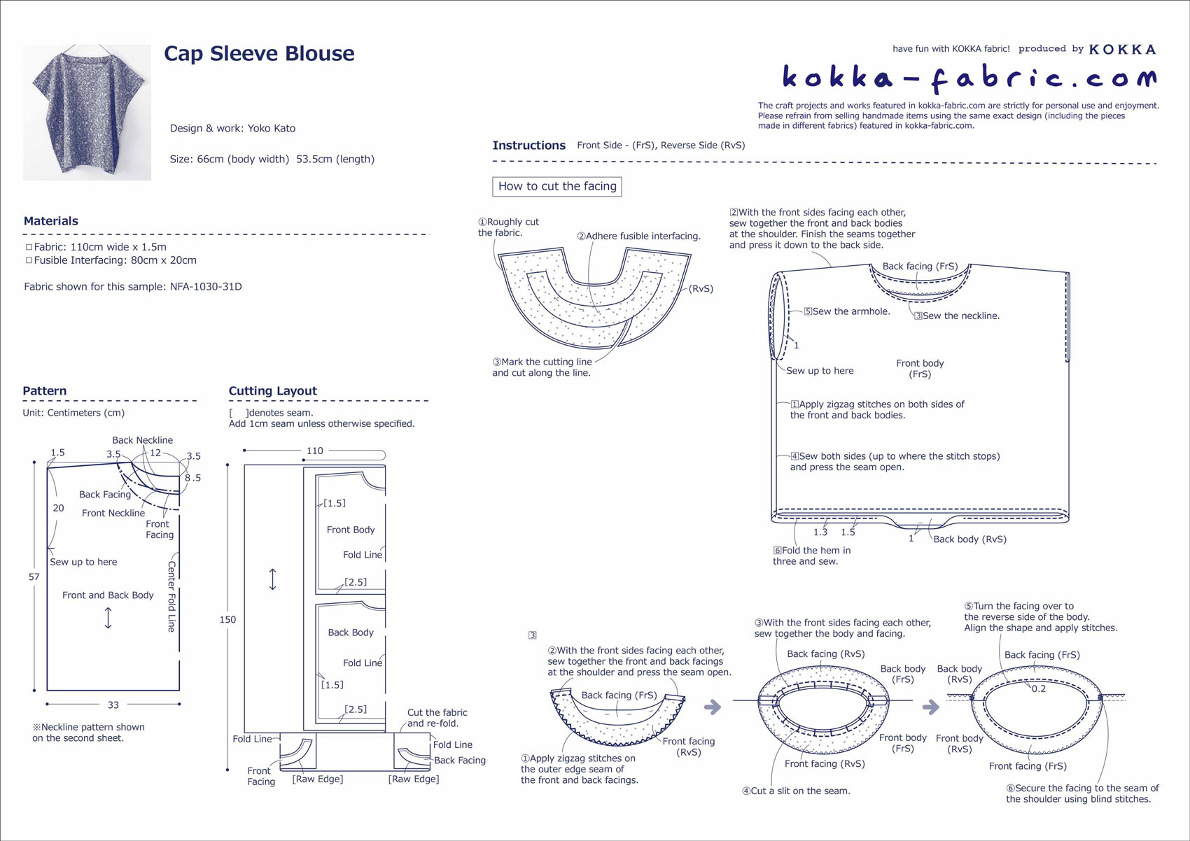 Cap Sleeve Blouse – Free Sewing Tutorial | Kokka-Fabric | Have regarding Free Printable Cap Sleeve Pattern