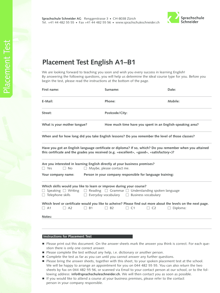 Ch Sprachschule Schneider Placement Test English Form - Fill intended for Free Printable Placement Test
