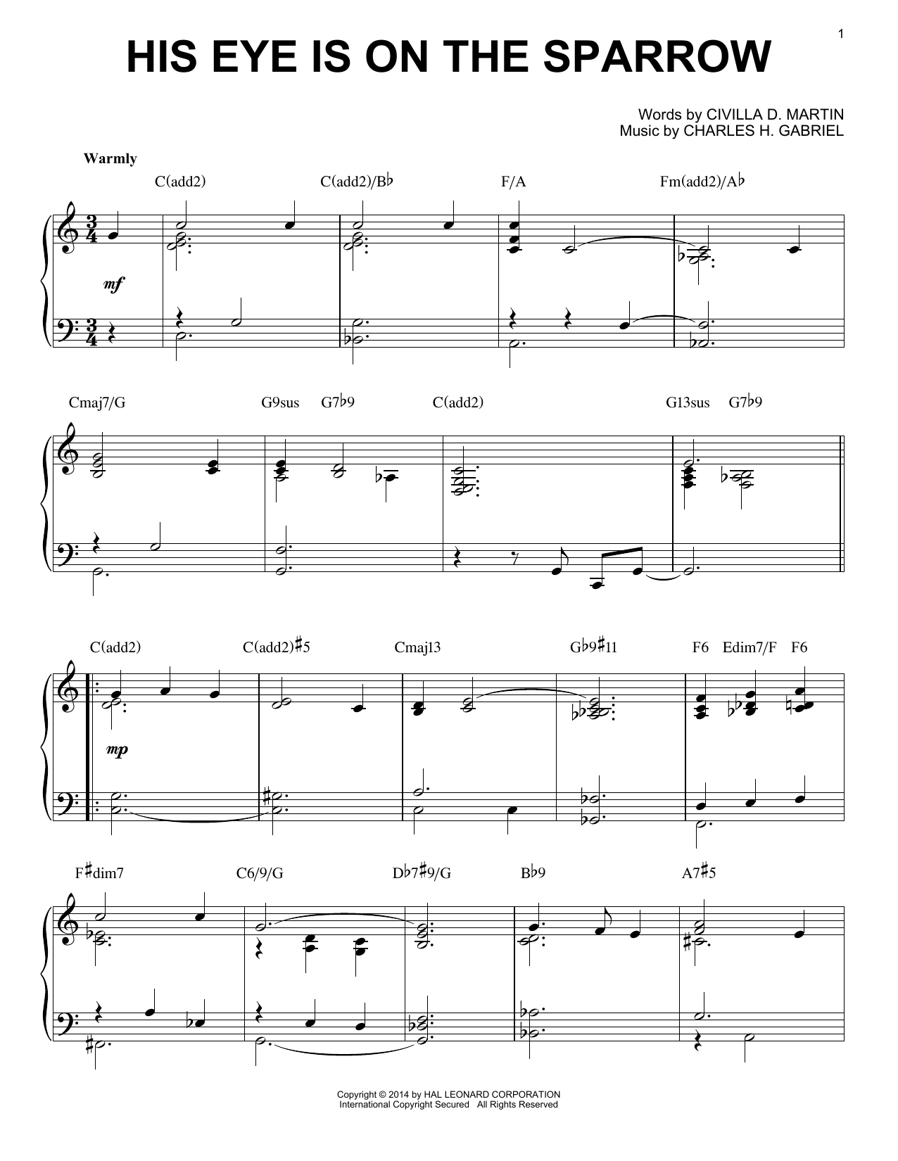 Charles H. Gabriel His Eye Is On The Sparrow [Jazz Version] (Arr. Brent Edstrom) Sheet Music Notes, Chords | Download Printable Piano Solo Pdf Score - within His Eye Is On the Sparrow Free Printable Sheet Music