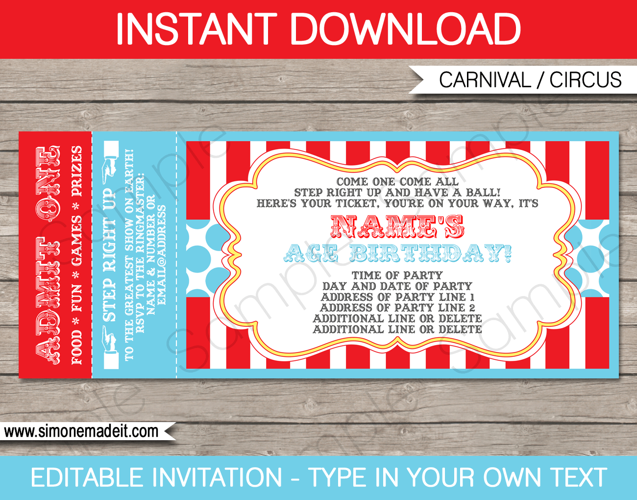 Circus Ticket Invitation Template - Red/Aqua with regard to Free Carnival Ticket Template Printable
