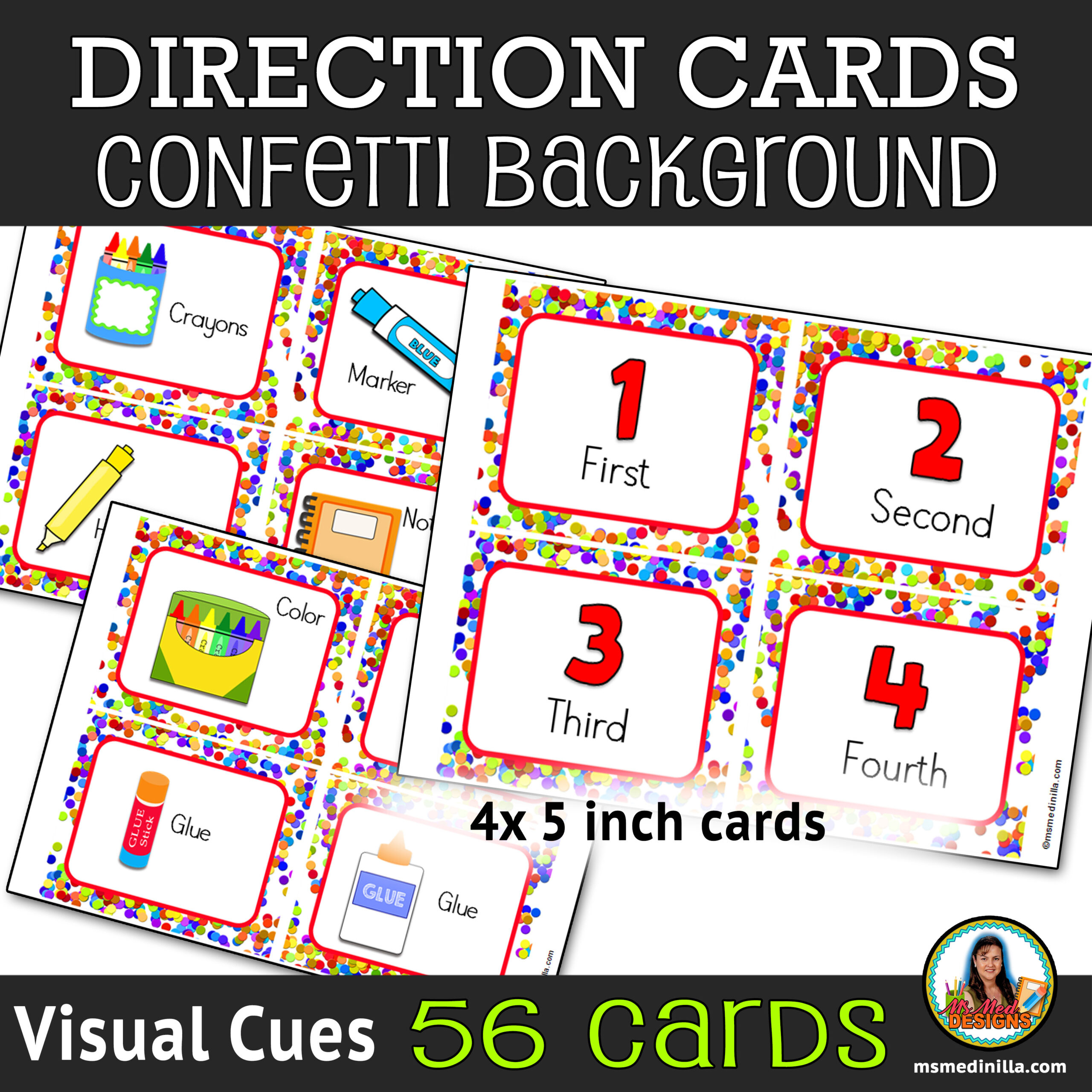 Classroom Management Picture Direction Cards, Confetti Decor for Free Printable Direction Cards