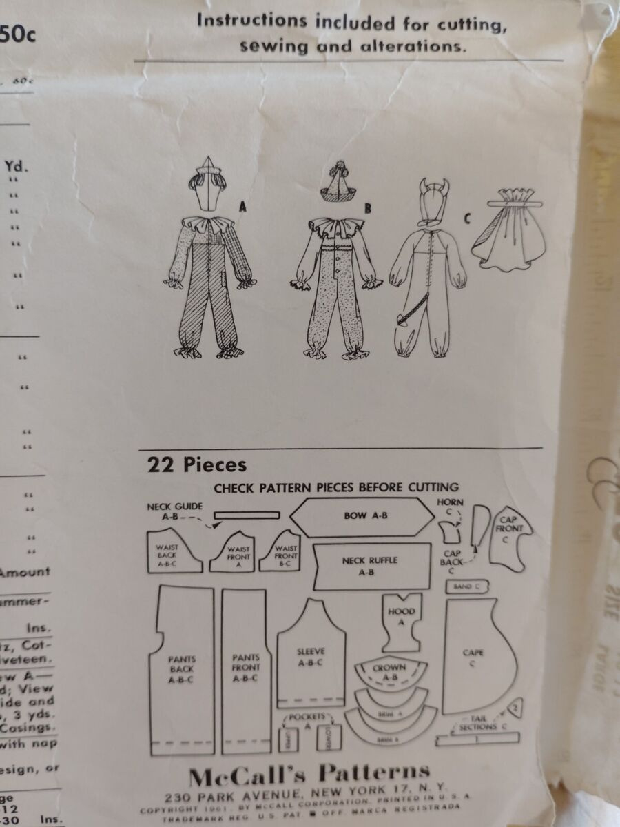Clown Devil Prince 10 12 L Mccall&amp;#039;S 2459 Costume Sewing Pattern in Free Printable Clown Costume Pattern