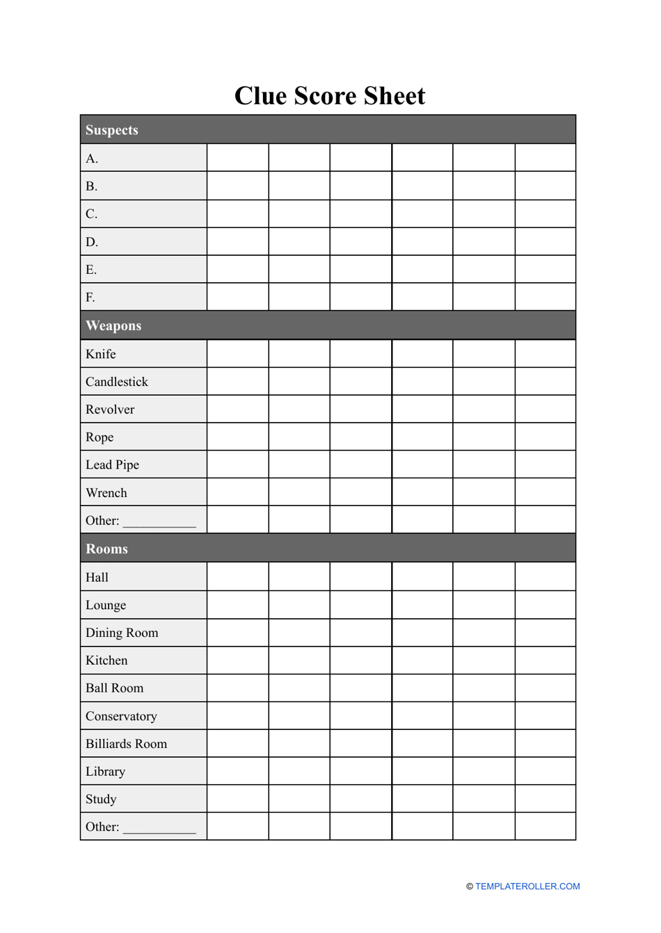 Clue Score Sheet Template Download Printable Pdf | Templateroller intended for Free Printable Cluedo Sheets