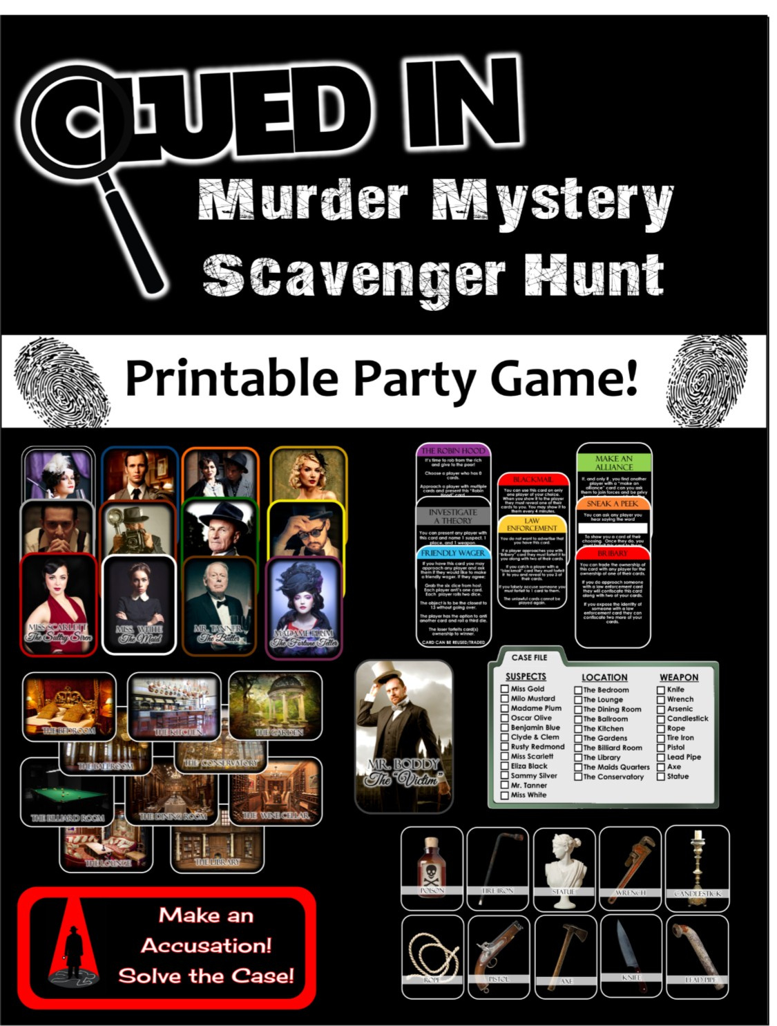 Clued-In Murder Mystery Scavenger Hunt - Printable Party Game within Murder Mystery Party Free Printables