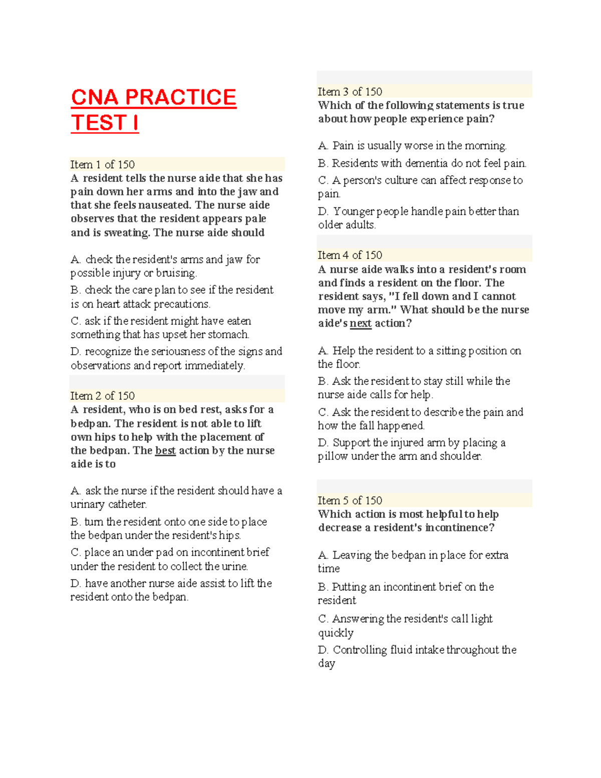 Cna Practice Pdf 525+ Q&A - Cna Practice Test I Item 1 Of 150 A in Free Printable Cna Practice Test With Answers