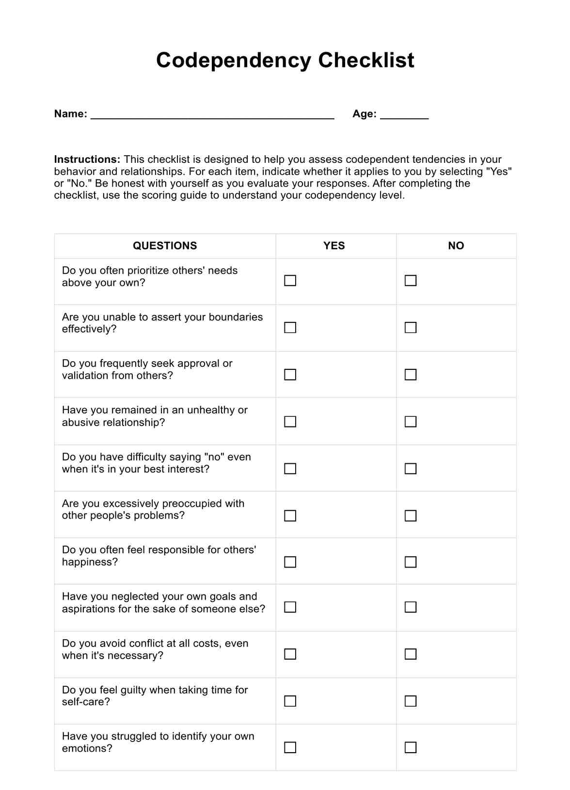Codependency Checklists intended for Free Printable Codependency Worksheets