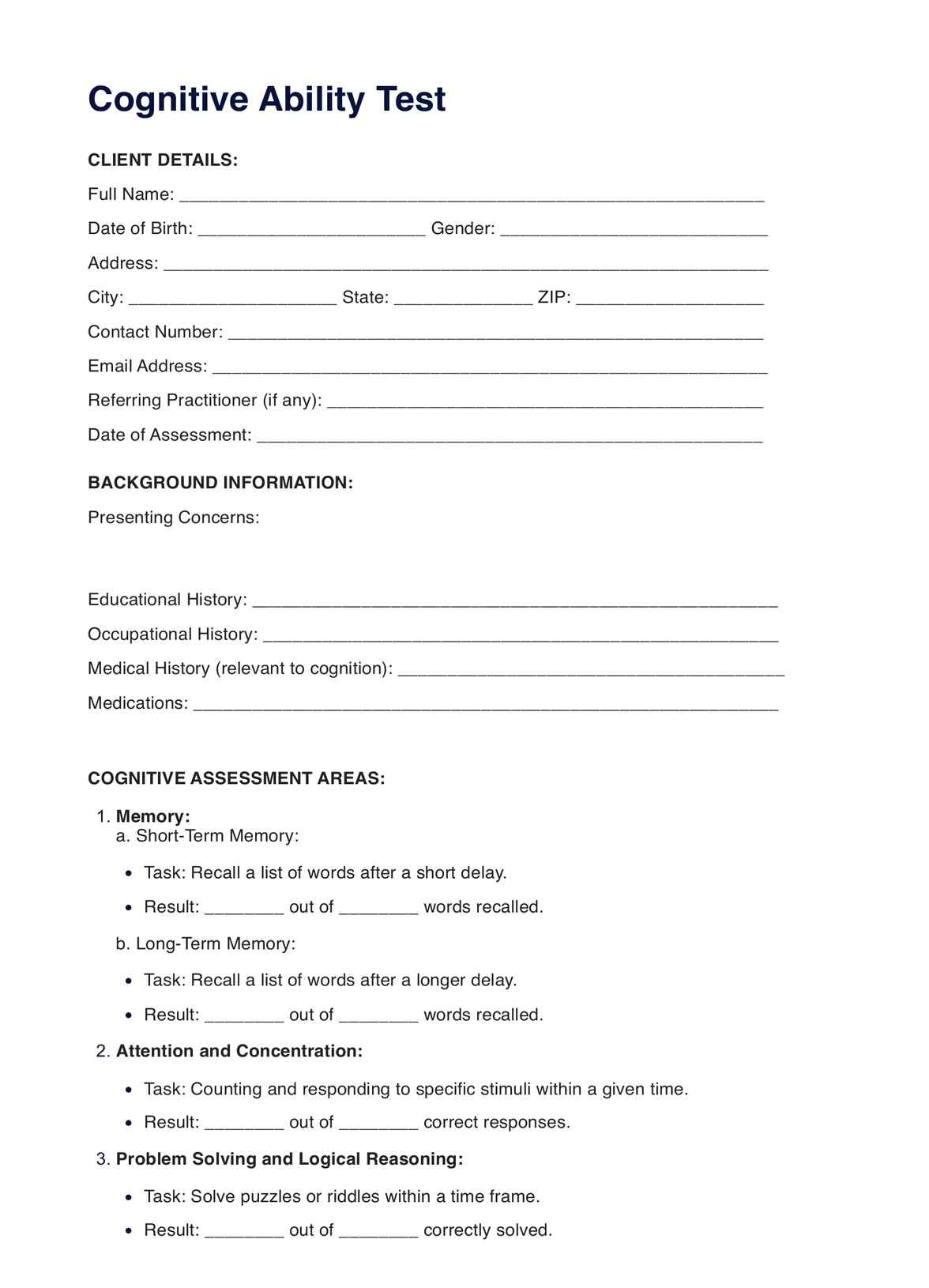 Cognitive Ability Test throughout Free Printable Cognitive Tests