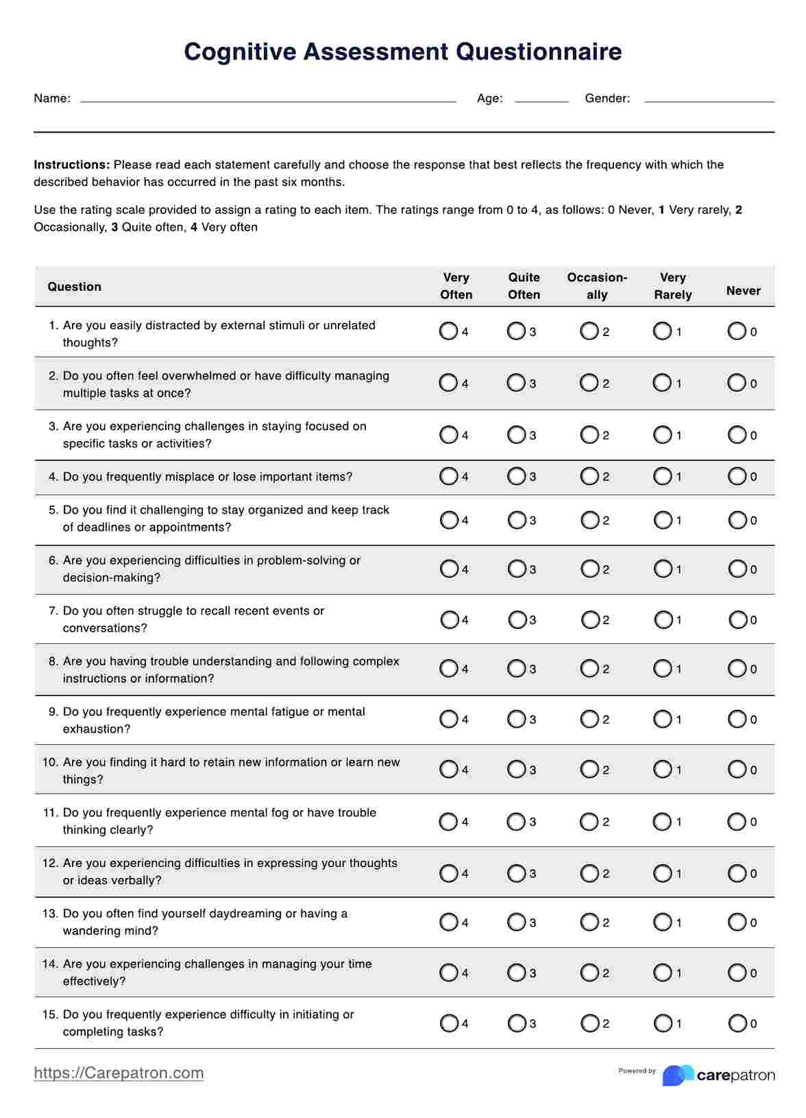 Cognitive Assessment Questionnaire with Free Printable Cognitive Tests