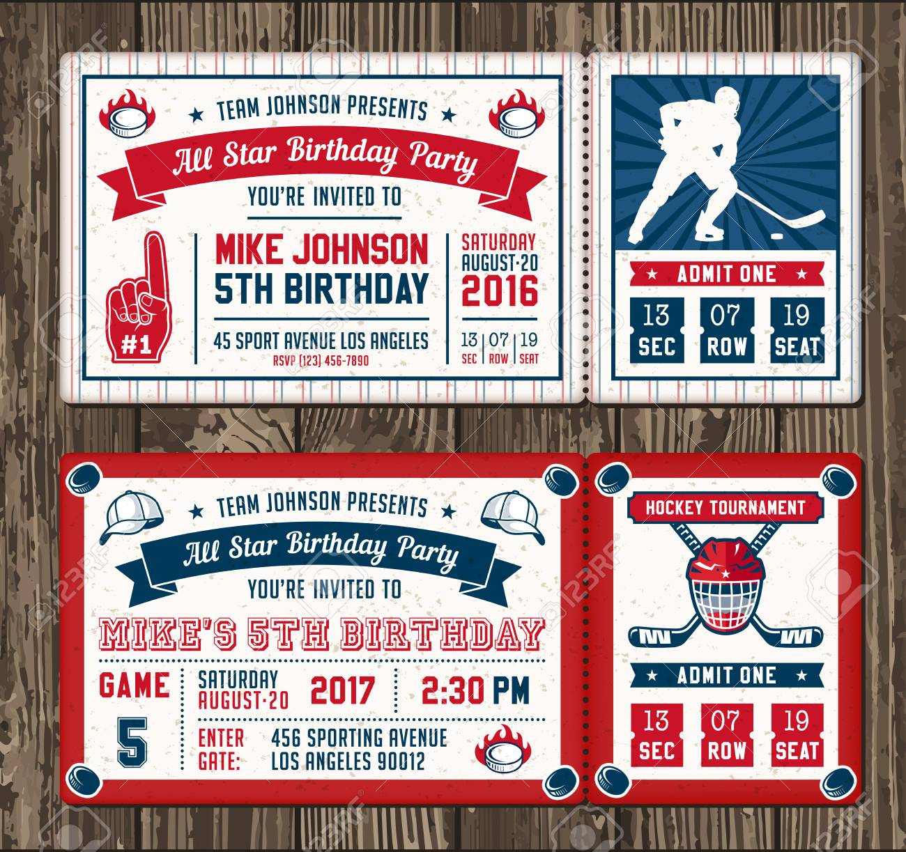 Colorful Vector Template Tickets For Hockey Theme Party Invites throughout Hockey Birthday Party Invitations Templates Free