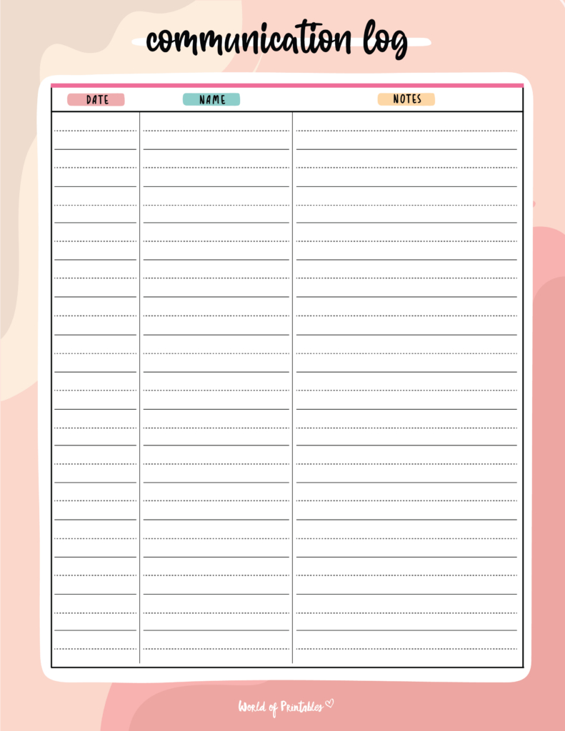 Communication Log - World Of Printables throughout Free Printable Communication Log Template