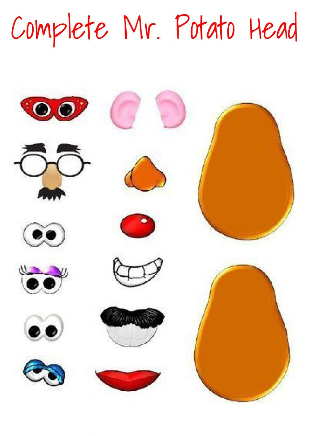 Complete Mr. Potato Head Worksheet intended for Free Printable Mr Potato Head Parts