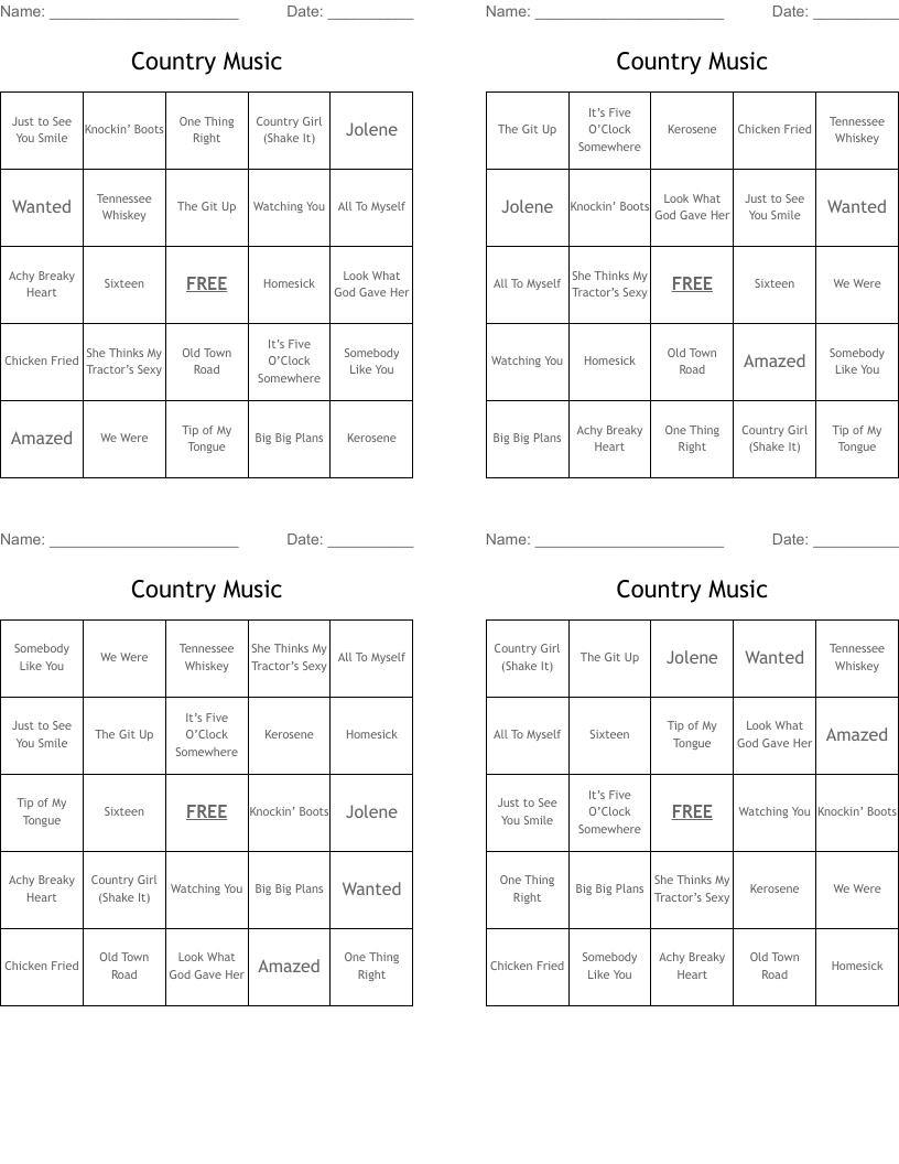Country Music Bingo Cards - Wordmint intended for Free Music Bingo Cards Printables