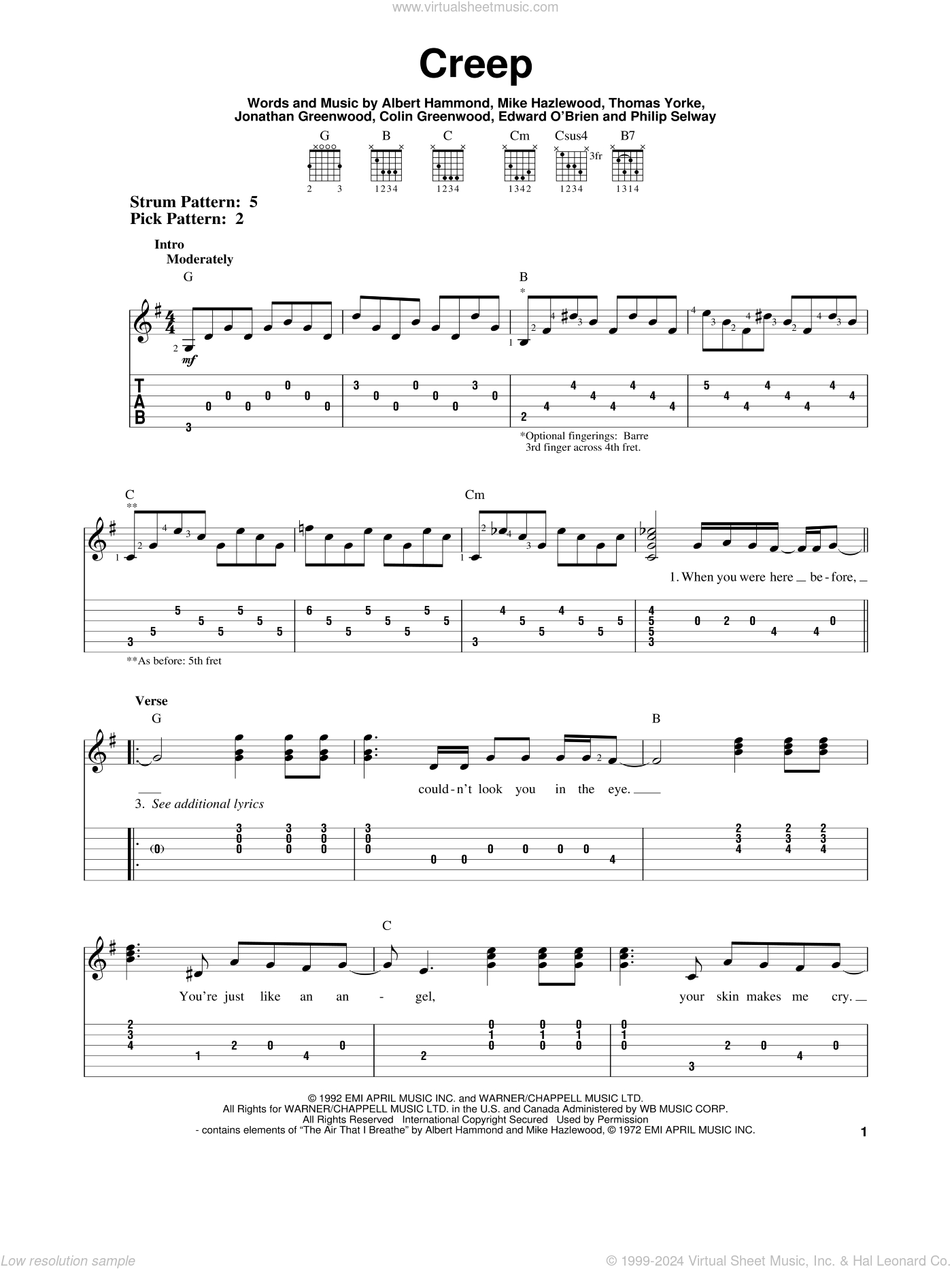 Creep Sheet Music (Easy) For Guitar Solo (Easy Tablature) (Pdf) for Beginner Free Guitar Sheet Music For Popular Songs Printable